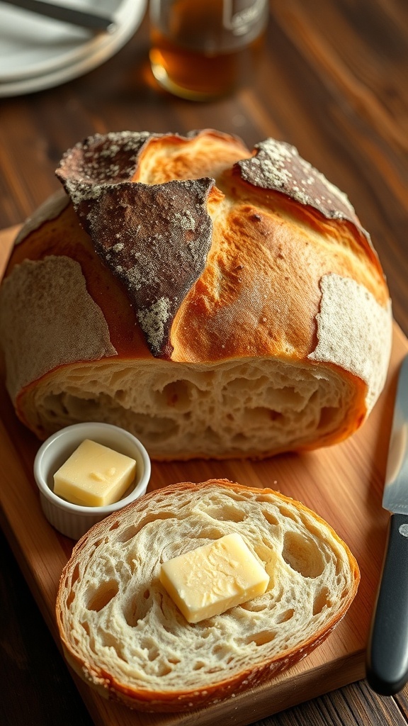 A golden crusty loaf of artisan bread on a cutting board with slices cut to show the soft interior, accompanied by butter.